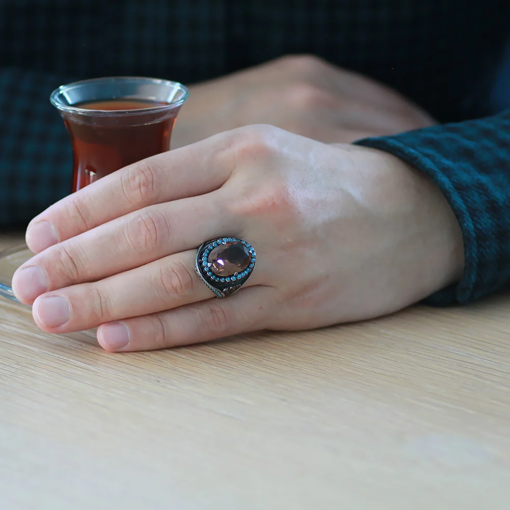 925 Sterling Silver Men's Ring with Facet Cut Zultanite Stone and Spike Motif with Turquoise Stone on the Sides - 1