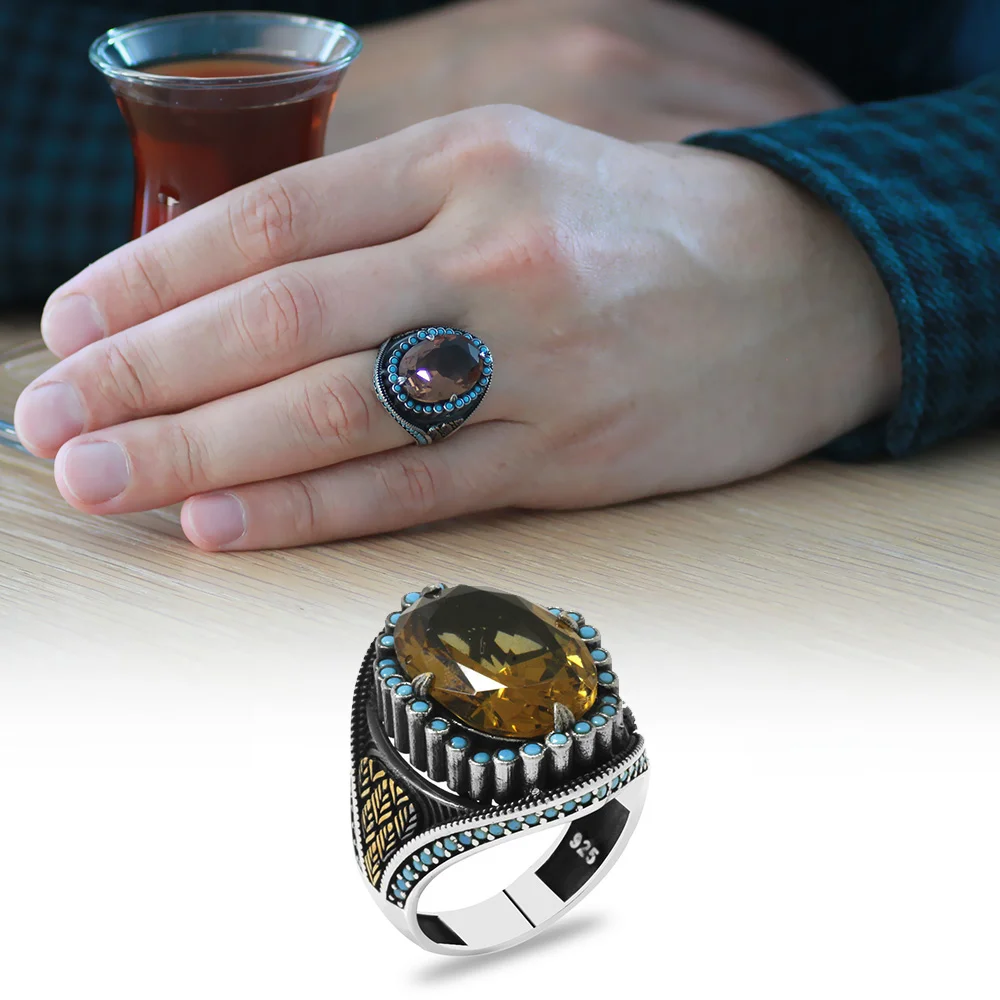 925 Sterling Silver Men's Ring with Facet Cut Zultanite Stone and Spike Motif with Turquoise Stone on the Sides - 2