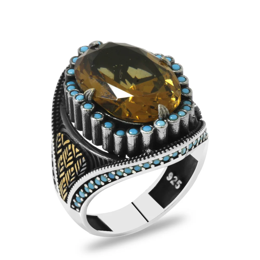 925 Sterling Silver Men's Ring with Facet Cut Zultanite Stone and Spike Motif with Turquoise Stone on the Sides - 3
