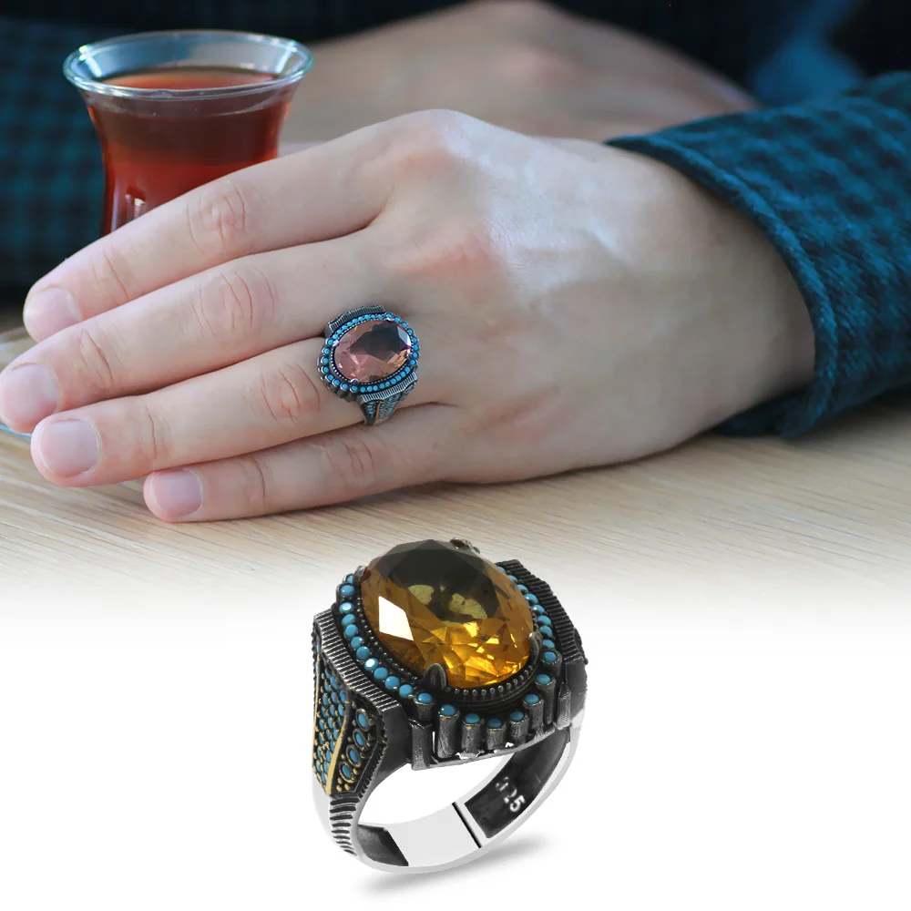 925 Sterling Silver Men's Ring with Facet Cut Zultanite Stone and Turquoise Stone Seam on the Sides - 1