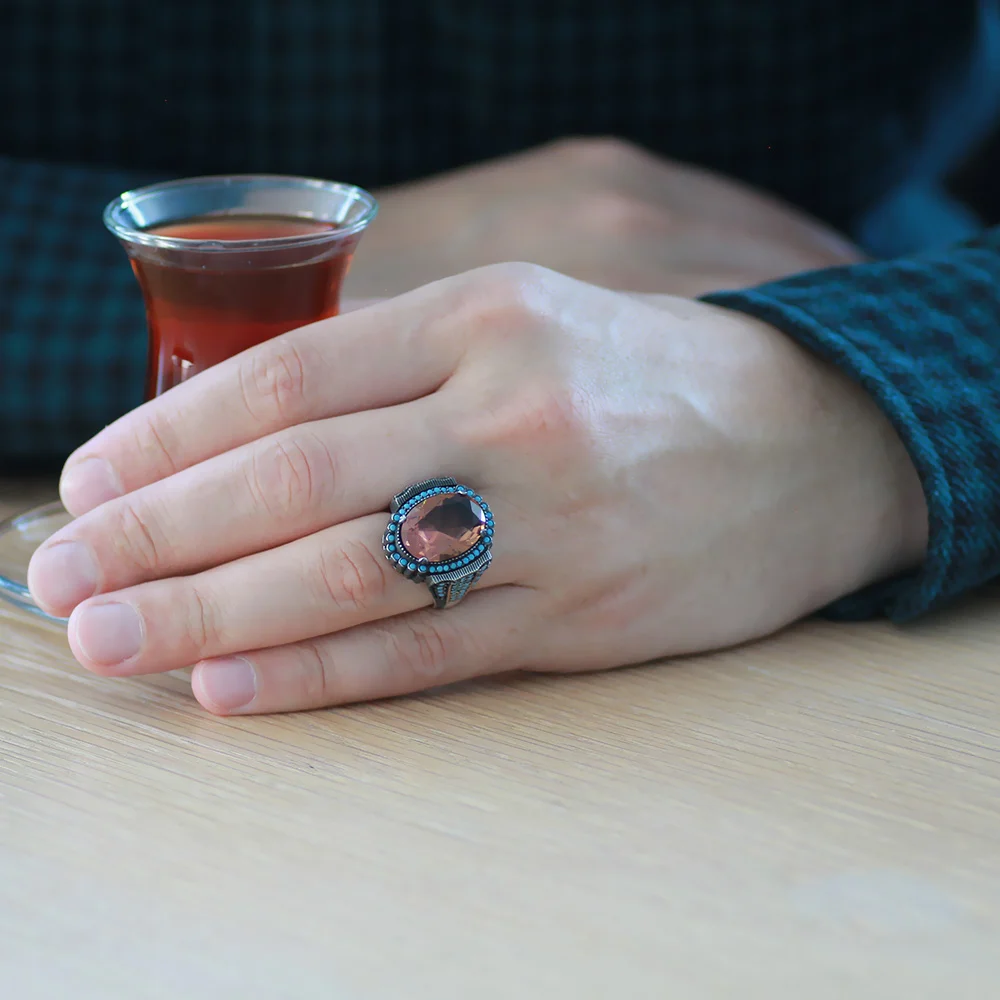 925 Sterling Silver Men's Ring with Facet Cut Zultanite Stone and Turquoise Stone Seam on the Sides - 2