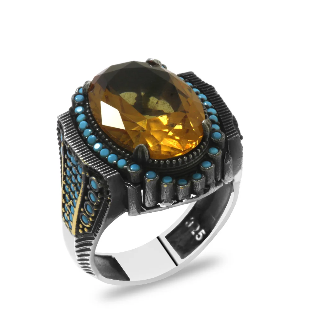 925 Sterling Silver Men's Ring with Facet Cut Zultanite Stone and Turquoise Stone Seam on the Sides - 3