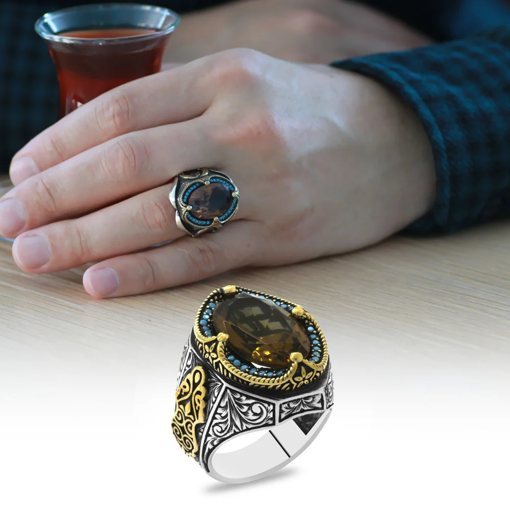925 Sterling Silver Men's Ring with Facet Cut Zultanite Stones and Gothic Decorated with Turquoise Stone on the Sides - 1