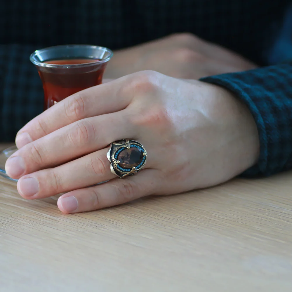 925 Sterling Silver Men's Ring with Facet Cut Zultanite Stones and Gothic Decorated with Turquoise Stone on the Sides - 2