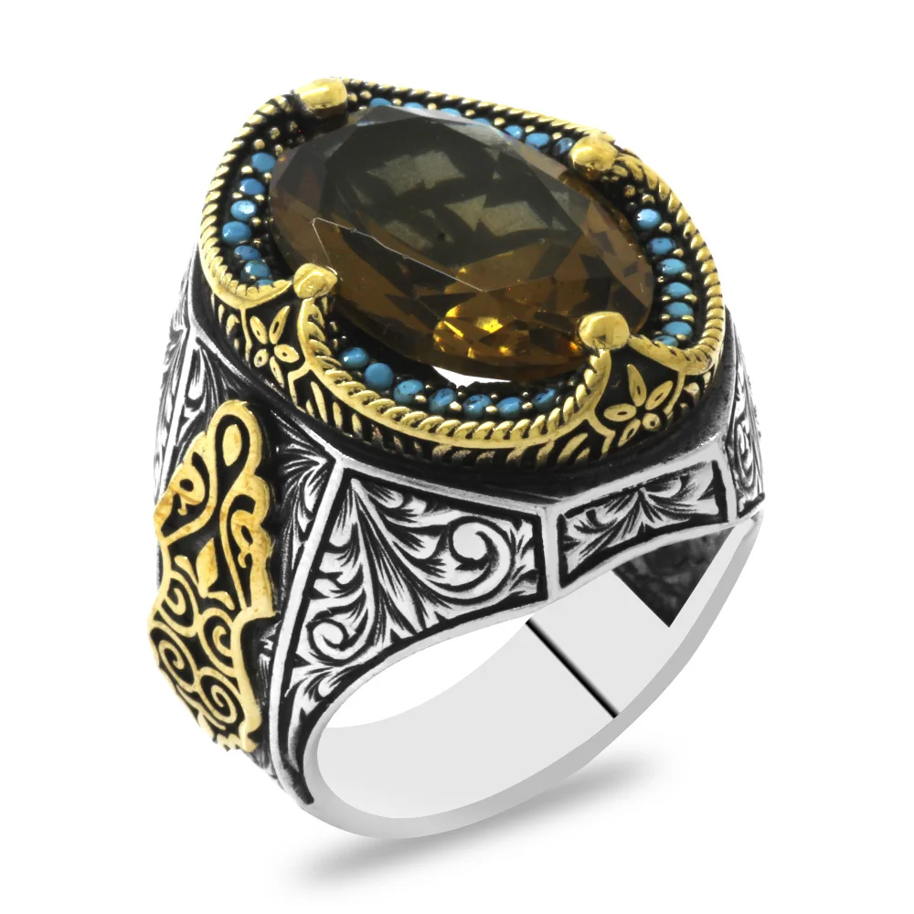 925 Sterling Silver Men's Ring with Facet Cut Zultanite Stones and Gothic Decorated with Turquoise Stone on the Sides - 3