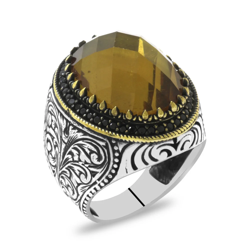 925 Sterling Silver Men's Ring with Facet Cut Zultanite Stones and Pen Work with Micro Stone Set on the Sides - 3