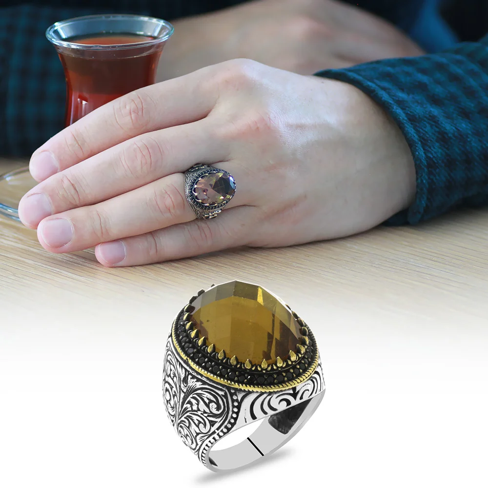 925 Sterling Silver Men's Ring with Facet Cut Zultanite Stones and Pen Work with Micro Stone Set on the Sides