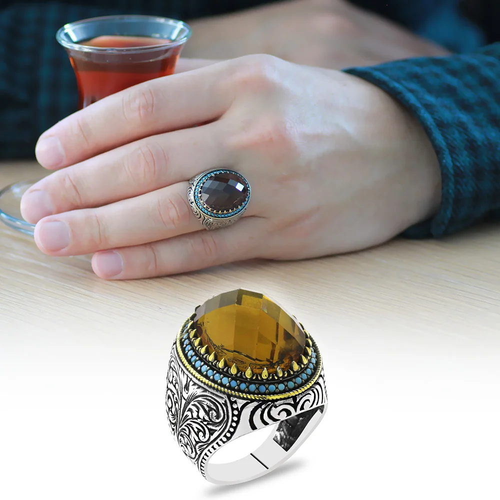 925 Sterling Silver Men's Ring with Facet Cut Zultanite Stones, Turquoise Stone and Pen Work on the Sides - 1
