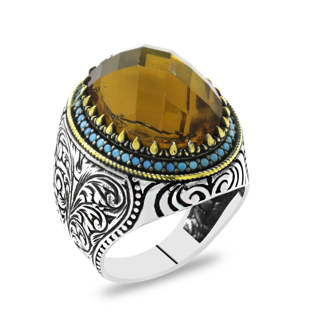 925 Sterling Silver Men's Ring with Facet Cut Zultanite Stones, Turquoise Stone and Pen Work on the Sides - 3