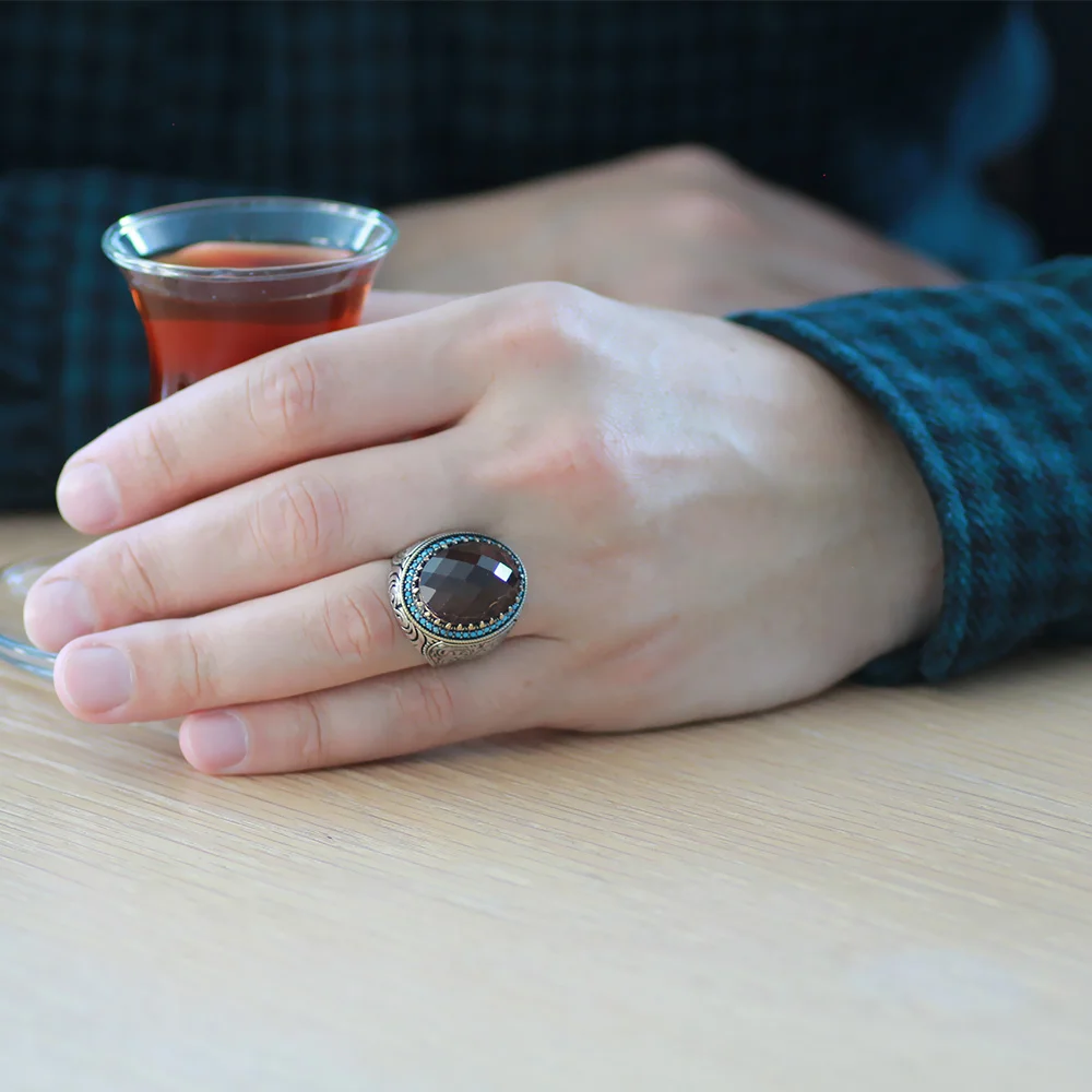 925 Sterling Silver Men's Ring with Facet Cut Zultanite Stones, Turquoise Stone and Pen Work on the Sides - 2