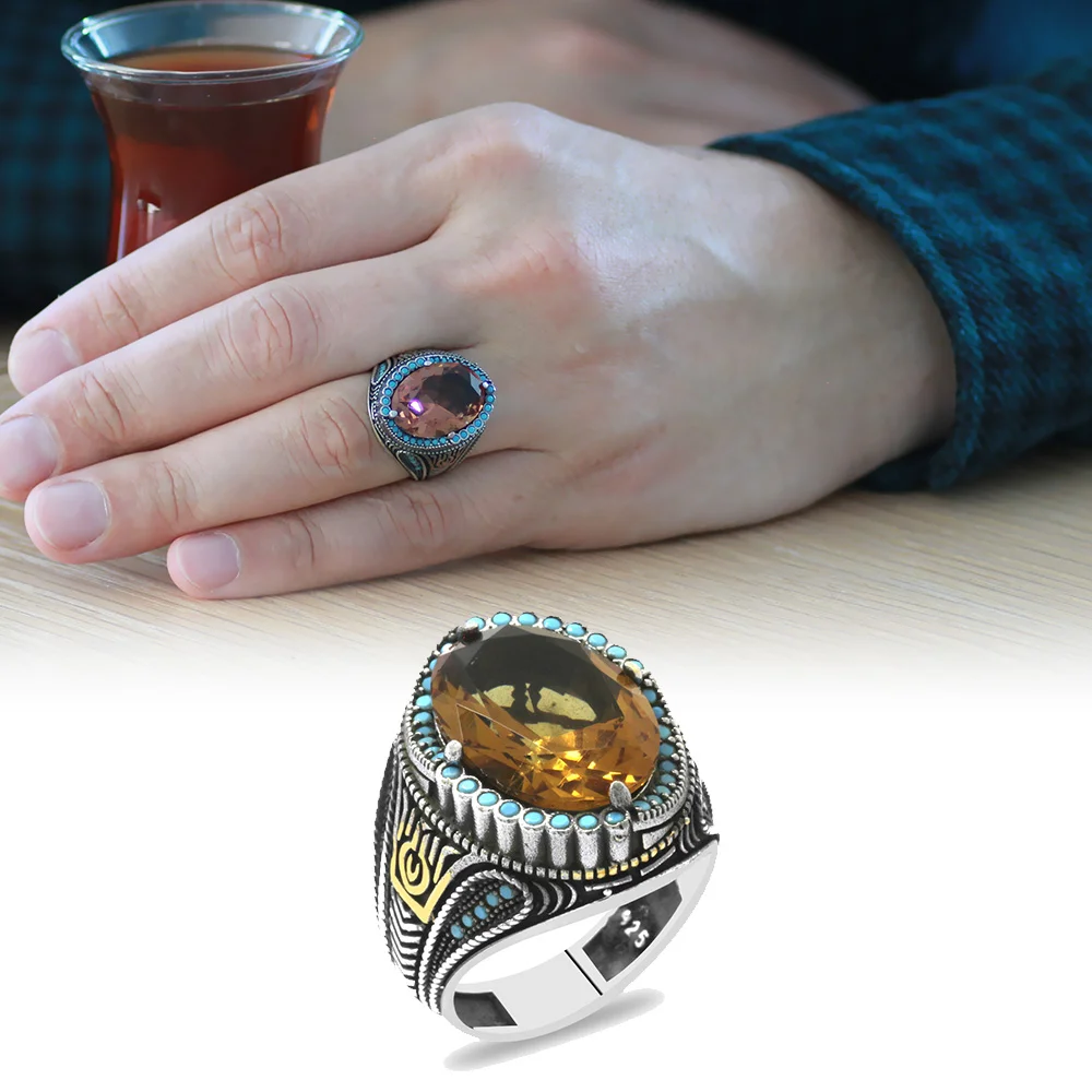 925 Sterling Silver Men's Ring with Facet Zultanite Stones and Firuze Stone Stabilized Detail - 1