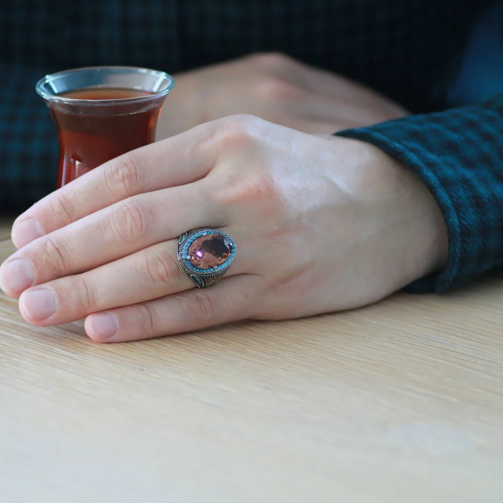 925 Sterling Silver Men's Ring with Facet Zultanite Stones and Firuze Stone Stabilized Detail - Thumbnail