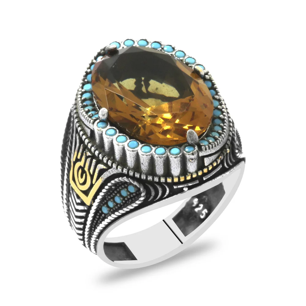 925 Sterling Silver Men's Ring with Facet Zultanite Stones and Firuze Stone Stabilized Detail - Thumbnail