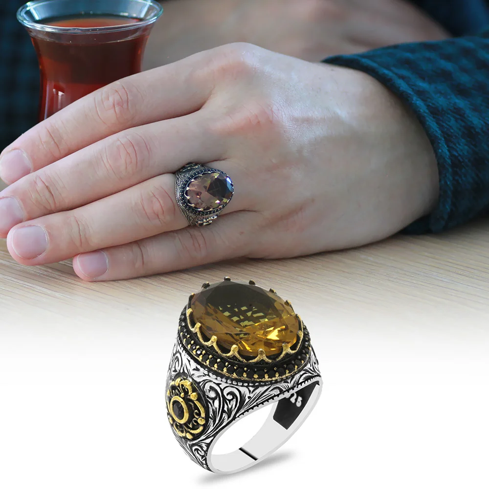 925 Sterling Silver Men's Ring with Facet Zultanite Stones and Micro Stone Set Pen Work - Thumbnail