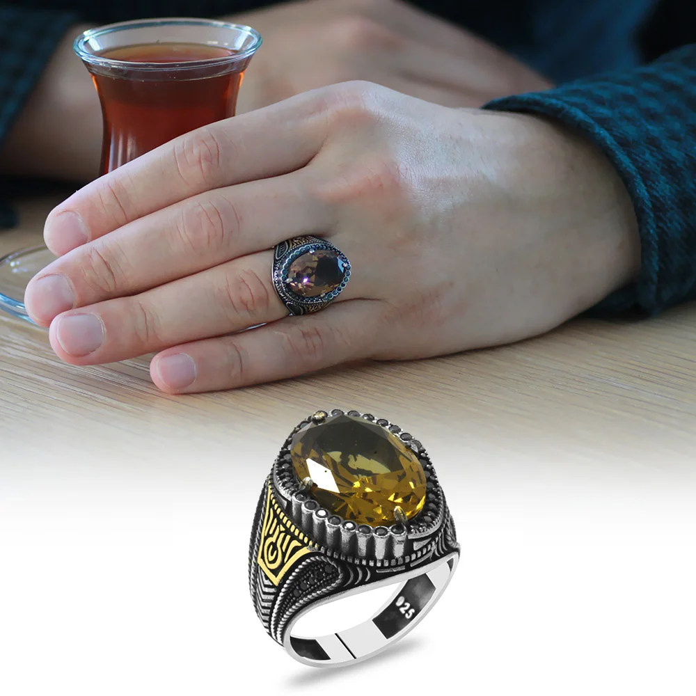 925 Sterling Silver Men's Ring with Facet Zultanite Stones and Micro Stone Set - Thumbnail