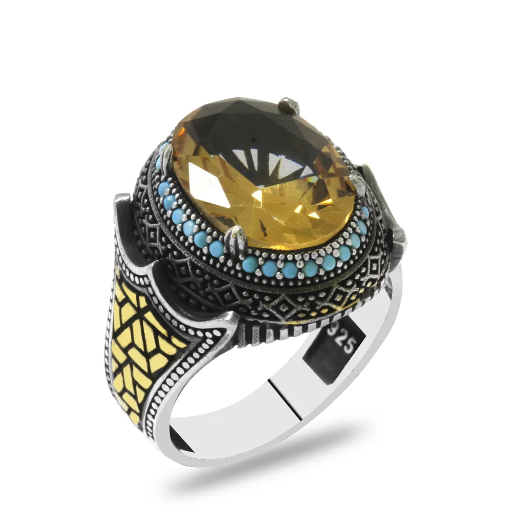 925 Sterling Silver Men's Ring with Facet Zultanite Stones and Turquoise Stone Tile Labyrinth Detail - 3