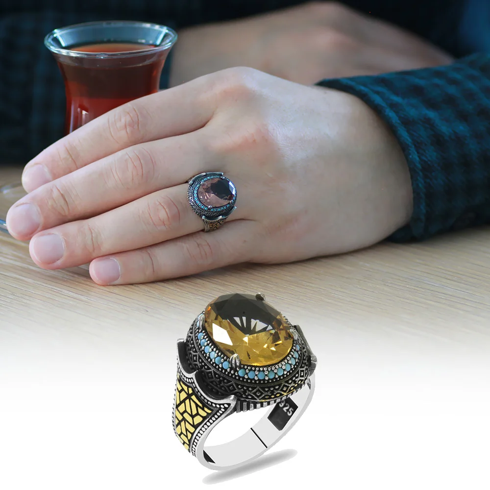 925 Sterling Silver Men's Ring with Facet Zultanite Stones and Turquoise Stone Tile Labyrinth Detail