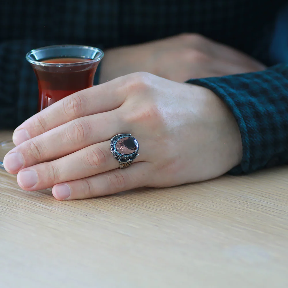 925 Sterling Silver Men's Ring with Facet Zultanite Stones and Turquoise Stone Tile Labyrinth Detail - Thumbnail