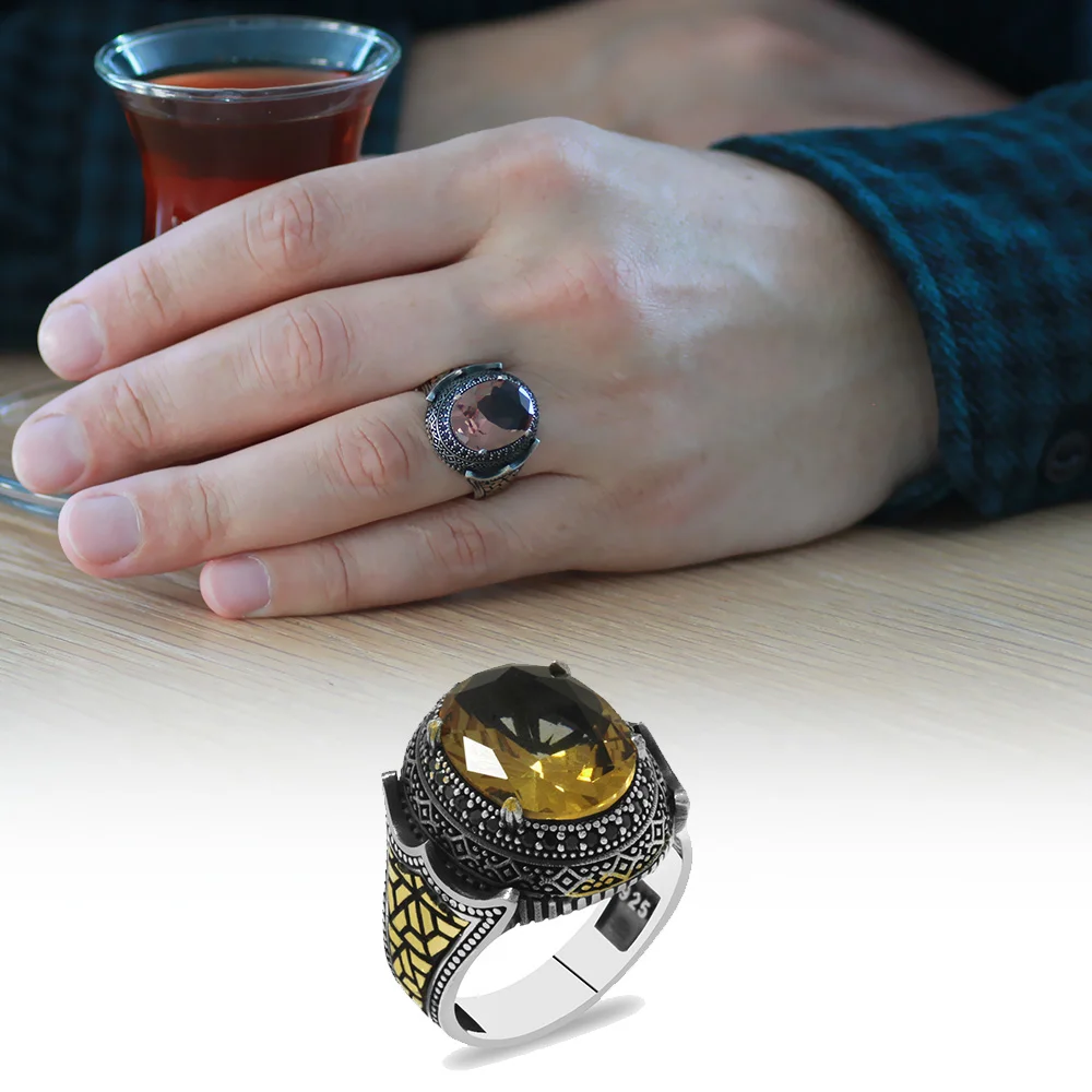 925 Sterling Silver Men's Ring with Facet Zultanite Stones, Labyrinth Detailed with Micro Stone Set on the Sides - 1