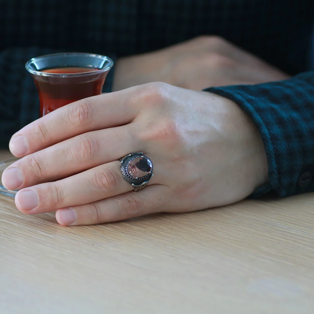 925 Sterling Silver Men's Ring with Facet Zultanite Stones, Labyrinth Detailed with Micro Stone Set on the Sides - 2