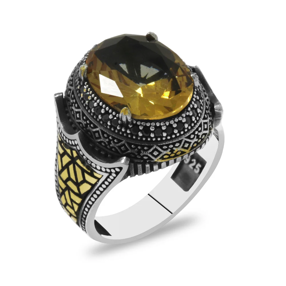 925 Sterling Silver Men's Ring with Facet Zultanite Stones, Labyrinth Detailed with Micro Stone Set on the Sides - 3