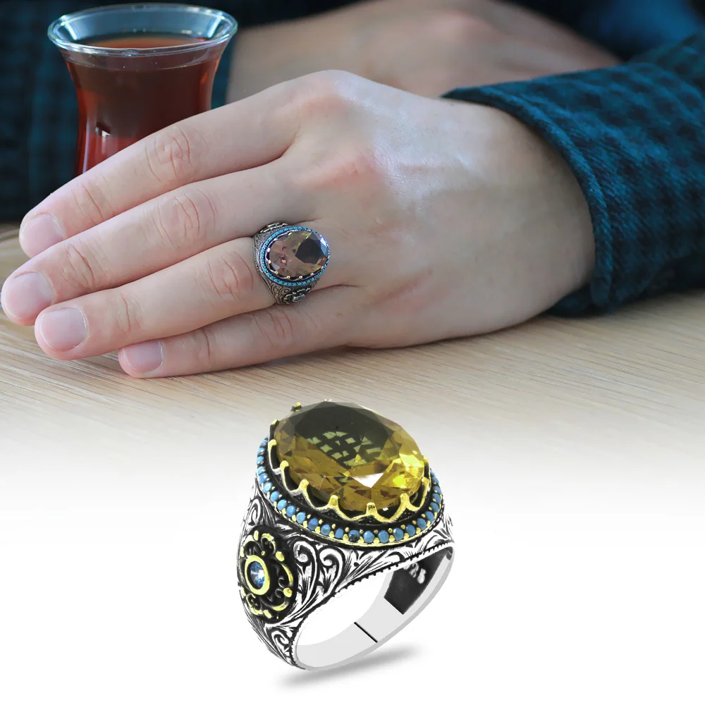 925 Sterling Silver Men's Ring with Facet Zultanite Stones on the Sides with Turquoise Stone and Pen Work - 1