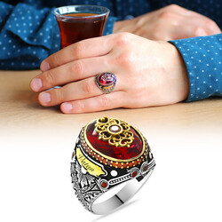 925 Sterling Silver Mens Ring With Faceted Red Zircon Stone With Personalized Name Writing - 1