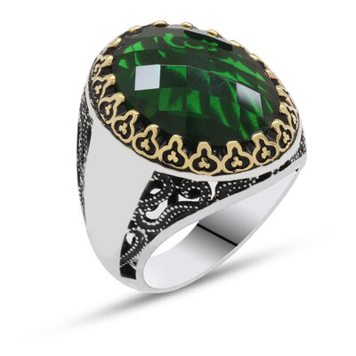 خاتم رجالي من الفضة الإسترليني عيار 925 مرصع بحجر الزركون الأخضر (يمكن كتابة الاسم على الجانبين) - 3