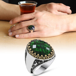925 Sterling Silver Mens Ring With Green Zircon Stone (Name Can Be Written On The Sides) - 1