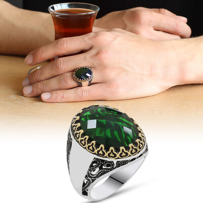 925 Sterling Silver Mens Ring With Green Zircon Stone (Name Can Be Written On The Sides)
