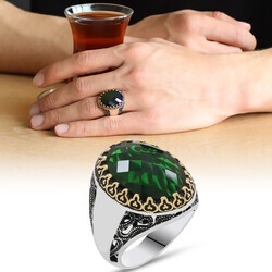925 Sterling Silver Mens Ring With Green Zircon Stone (Name Can Be Written On The Sides) - Thumbnail