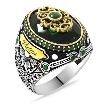 925 Sterling Silver Men's Ring With Green Zirconium Cut Stone And Written Personal Name - 3