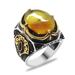 925 Sterling Silver Mens Ring With Natural Oval Amber Stone - Thumbnail