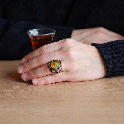 925 Sterling Silver Mens Ring With Natural Oval Amber Stone