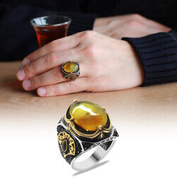 925 Sterling Silver Mens Ring With Natural Oval Amber Stone