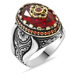 925 Sterling Silver Mens Ring With Red Zircon Faceted Stone - Thumbnail