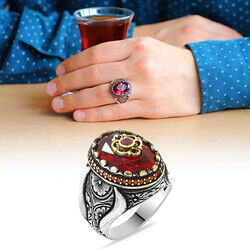 925 Sterling Silver Mens Ring With Red Zircon Faceted Stone