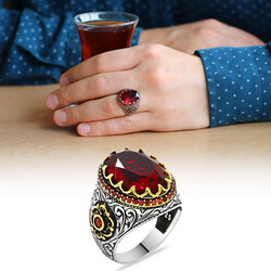 925 Sterling Silver Mens Ring With Red Zircon Faceted Stone - 1