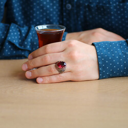 925 Sterling Silver Mens Ring With Red Zircon Faceted Stone - 2