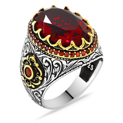 925 Sterling Silver Mens Ring With Red Zircon Faceted Stone - 3