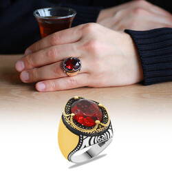 925 Sterling Silver Mens Ring With Red Zircon Stone And Microzircon Bezel Customized Name / Letter - 1