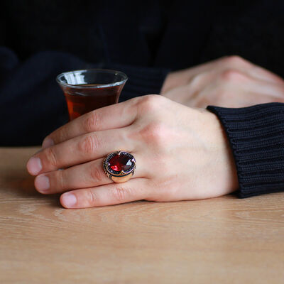 925 Sterling Silver Mens Ring With Red Zircon Stone And Microzircon Bezel Customized Name / Letter - 3