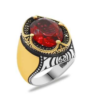 925 Sterling Silver Mens Ring With Red Zircon Stone And Microzircon Bezel Customized Name / Letter