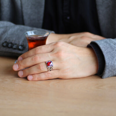 925 Sterling Silver Mens Ring With Red Zirconia Stone - 2