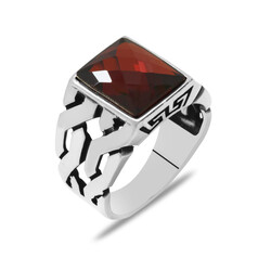 925 Sterling Silver Mens Ring With Red Zirconia Stone - 3
