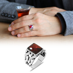 925 Sterling Silver Mens Ring With Red Zirconia Stone - 5