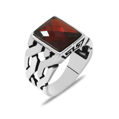925 Sterling Silver Mens Ring With Red Zirconia Stone