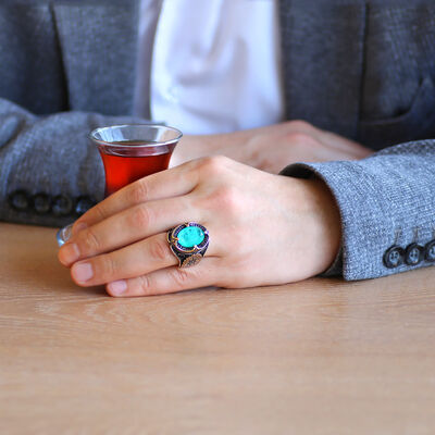925 Sterling Silver Mens Ring With Soft Green Paraiba Stone