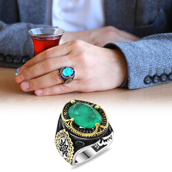 925 Sterling Silver Mens Ring With Soft Green Paraiba Stone - Thumbnail