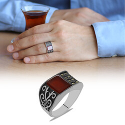 925 Sterling Silver Mens Ring With Zircon And Red Agate Stone With Red Agate Decoration - Thumbnail